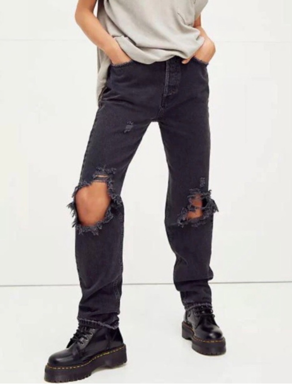 We The Free/Free People “The Lasso” high waist distressed black wash jeans - Picture 2 of 5